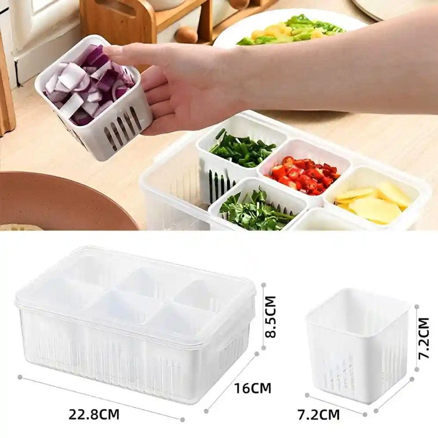 6 Grids Refrigerator Food Vegetable Fruit Storage Box Kitchen Chopped Green Onion Drain Water Divided Container